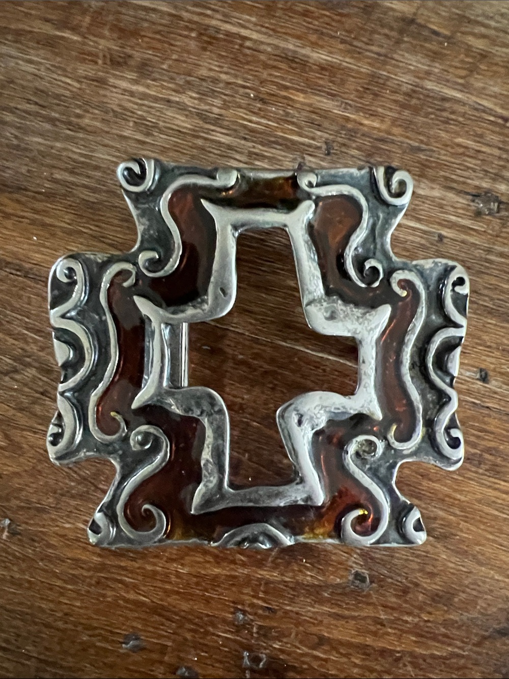 Maltese/Crusader Cross Motif Belt Buckle Metal Amber Resin Inlay
